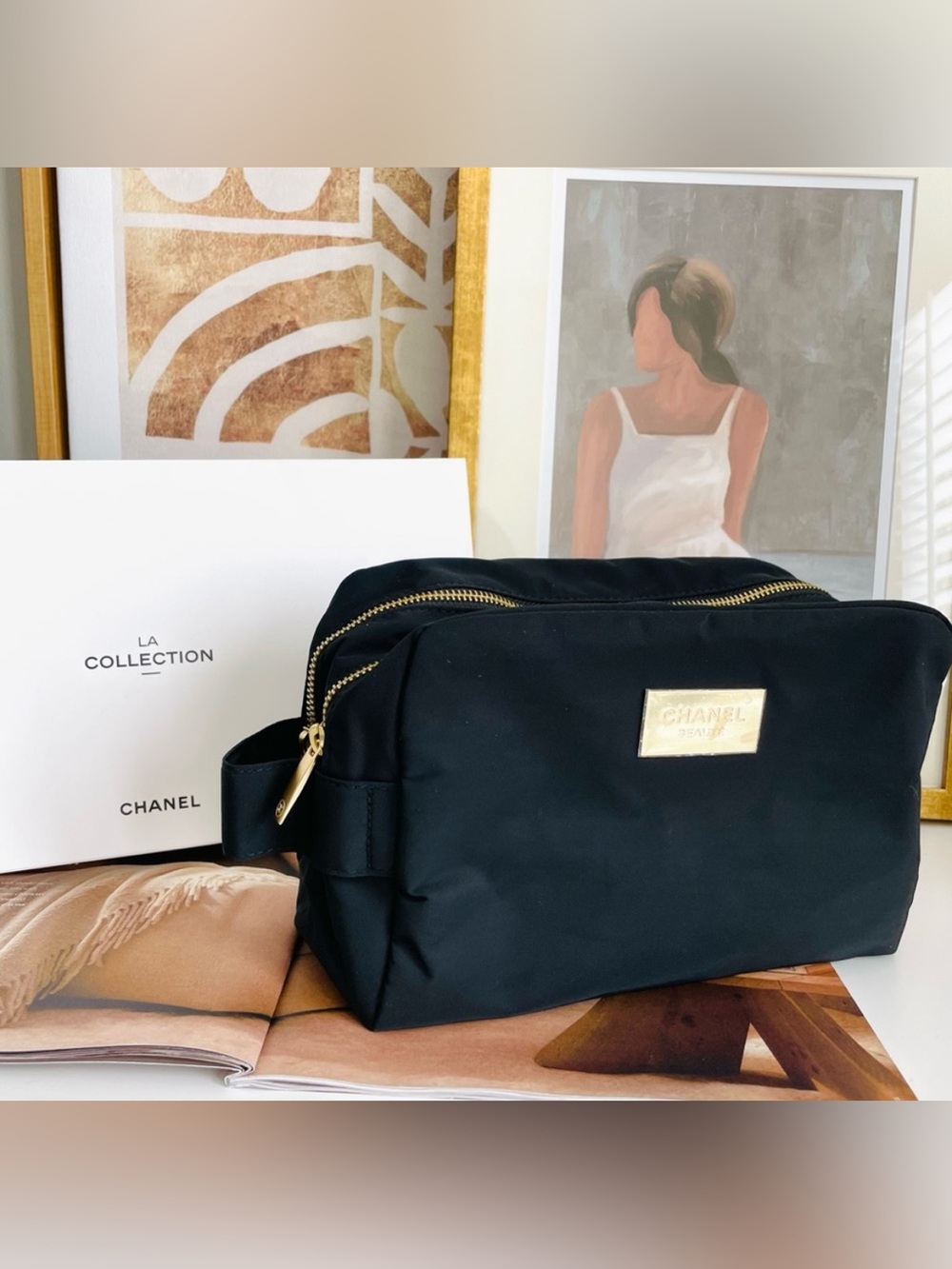 Chanel Black Double Zip Travel Cosmetic Bag